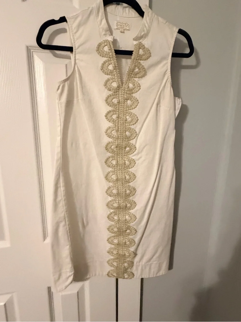 Mud Pie White Sleeveless Shift Dress with Gold Trim